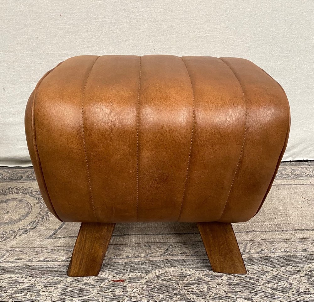 A PAIR OF CONTEMPORARY LEATHER AND WOOD GYMNASTIC STYLE STOOLS, 39cm x 31cm x 36cm (tall) approx.