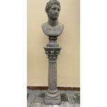 A GARDEN ORNAMENT IN THE FORM OF A STONE BUST ON A COLUMN BASE, 157cm tall approx.