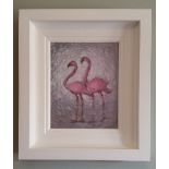 CON CAMPBELL, (IRISH B. 1946), FLAMINGOS, oil on board, signed lower right, 40cm x 35cm approx.