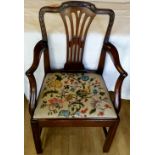 A GOOD GEORGE III CARVED MAHOGANY ARMCHAIR, from the Hepplewhite period, with shaped carved back