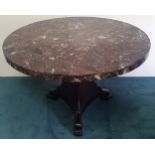 A GOOD QUALITY 19TH CENTURY MARBLE TOPPED CENTRE TABLE, circa 1830