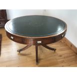 A GOOD QUALITY LEATHER TOPPED ‘RENT’ DRUM TABLE, with tooled leather top over an arrangement of