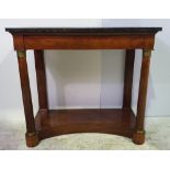 A 19TH CENTURY MARBLE TOPPED MAHOGANY CONSOLE TABLE, with pillar supports and brass mounts to the