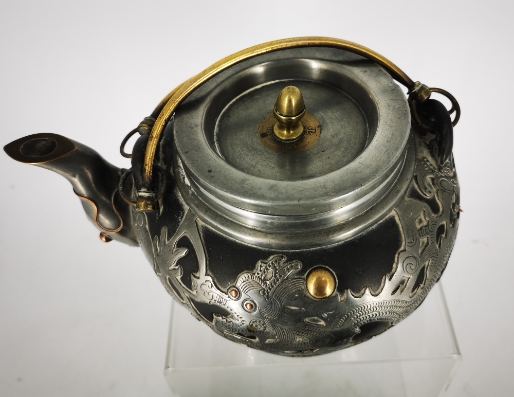 A LATE 19TH / EARLY 20TH CENTURY CHINESE HORCHUNG PEWTER AND BLACK STONEWARE TEA SET, decorated - Image 3 of 4