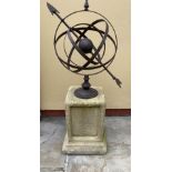 A GARDEN ORNAMENT IN THE FORM OF A SUN DIAL ON A STONE BASE, 86cm tall approx.