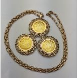 A 9CT LINK BELCHER CHAIN WITH THREE SOLID 22CT GOLD HALF SOVEREIGN COIN PENDANT, in 9ct gold mount,