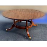 A CIRCULAR SHAPED MAHOGANY DINING / BREAKFAST ROOM TABLE, raised on four ring turned column supports