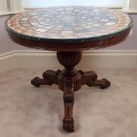 A FANTASTIC GOOD QUALITY 19TH CENTURY MAHOGANY BASED MARBLE SPECIMEN TOPPED CENTRE TABLE, raised on