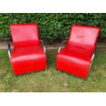 A PAIR OF 1970’S RED LEATHER AND CHROME ARMCHAIRS, in good condition