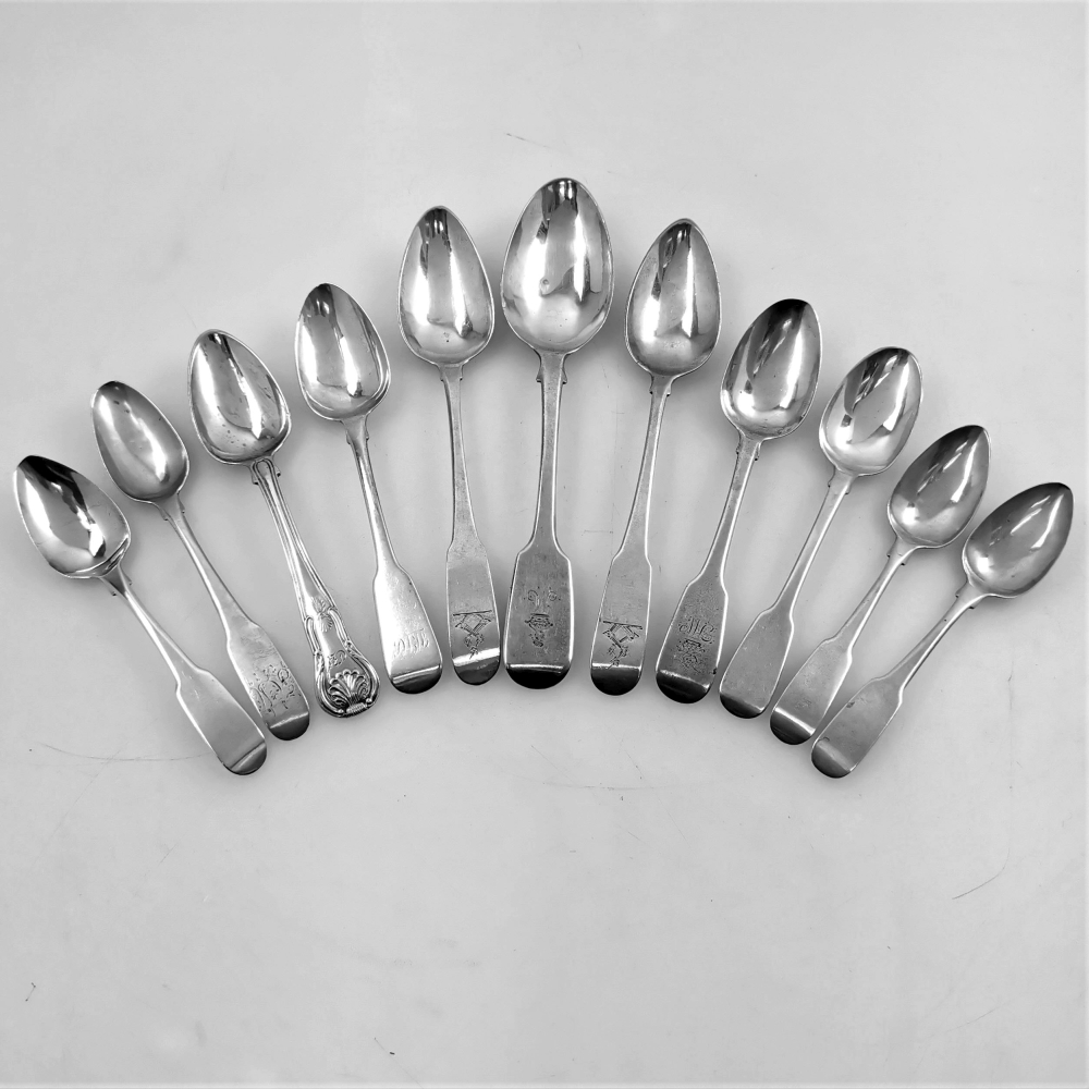 A COLLECTION OF IRISH ANTIQUE SILVER SPOONS, with various date and maker’s marks, including; PM for