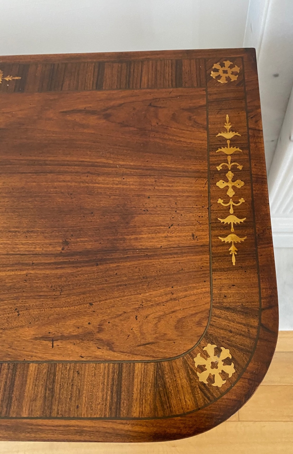 A VERY FINE PAIR OF FOLD OVER ROSEWOOD CARD TABLES, each with brass inlaid decoration, the tops open - Image 9 of 12