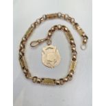 A GENUINE ANTIQUE FANCY LINK POCKET WATCH CHAIN, with rose gold fob, fully hallmarked, with secure b