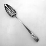 AN IRISH EARLY 19TH CENTURY SILVER BRIGHT CUT STRAINING SPOON, Dublin, 1801, maker J. Keating, Weigh