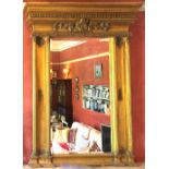 A LARGE GILT OVERMANTLE CONTEMPORARY MIRROR, with stepped pediment top, and two pairs of decorative