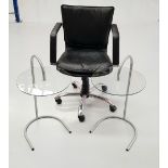 A MIXED LOT: A LEATHER AND CHROME OFFICE / DESK CHAIR, swivels and adjustable height, 89cm x 48cm x