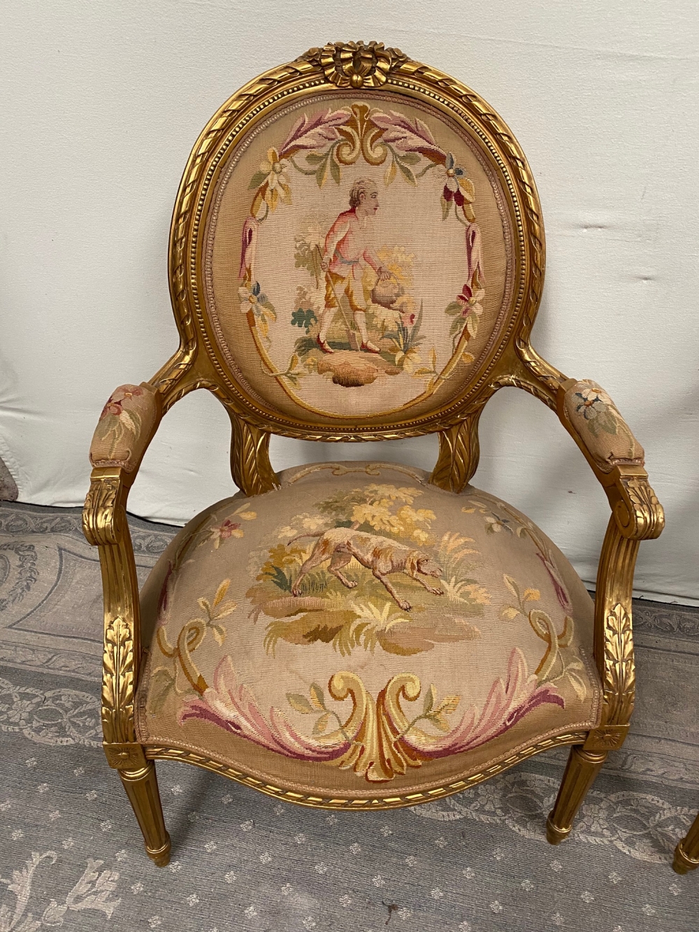 A PAIR OF GILT LOUIS XVI STYLE ARMCHAIRS with oval shaped back rests having ribbon detail to the edg - Image 2 of 8
