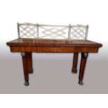 A GOOD QUALITY IRISH MAHOGANY SERVING / SIDE BOARD, with brass gallery rail to the back, with cross-