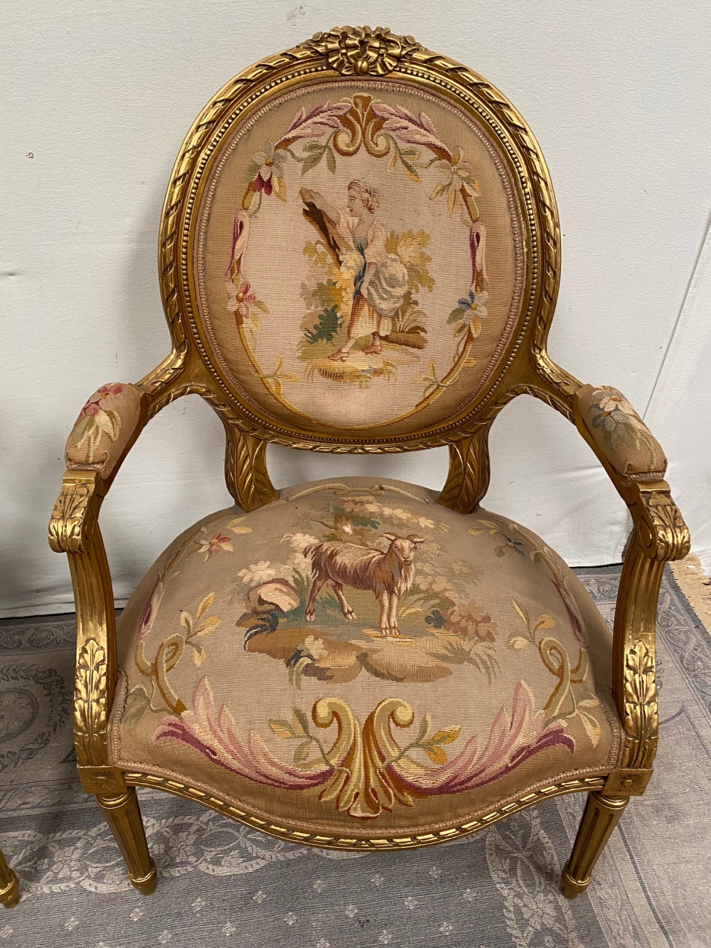 A PAIR OF GILT LOUIS XVI STYLE ARMCHAIRS with oval shaped back rests having ribbon detail to the edg - Image 3 of 8