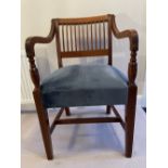A SET OF 10 CORK 11 BAR DINING ROOM CHAIRS, in very good condition, each with blue upholstered seat,