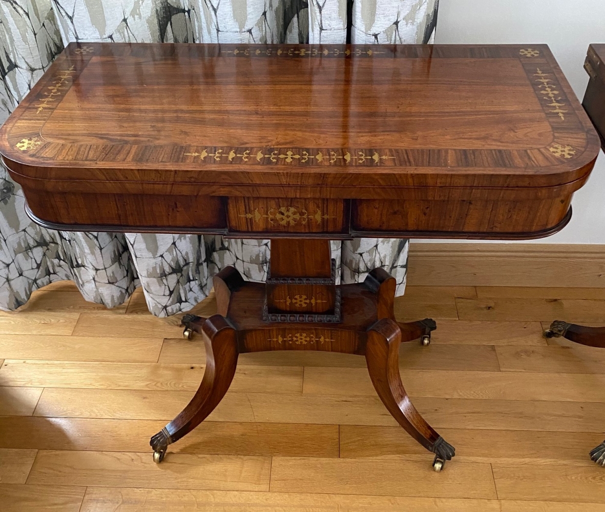 A VERY FINE PAIR OF FOLD OVER ROSEWOOD CARD TABLES, each with brass inlaid decoration, the tops open - Image 3 of 12