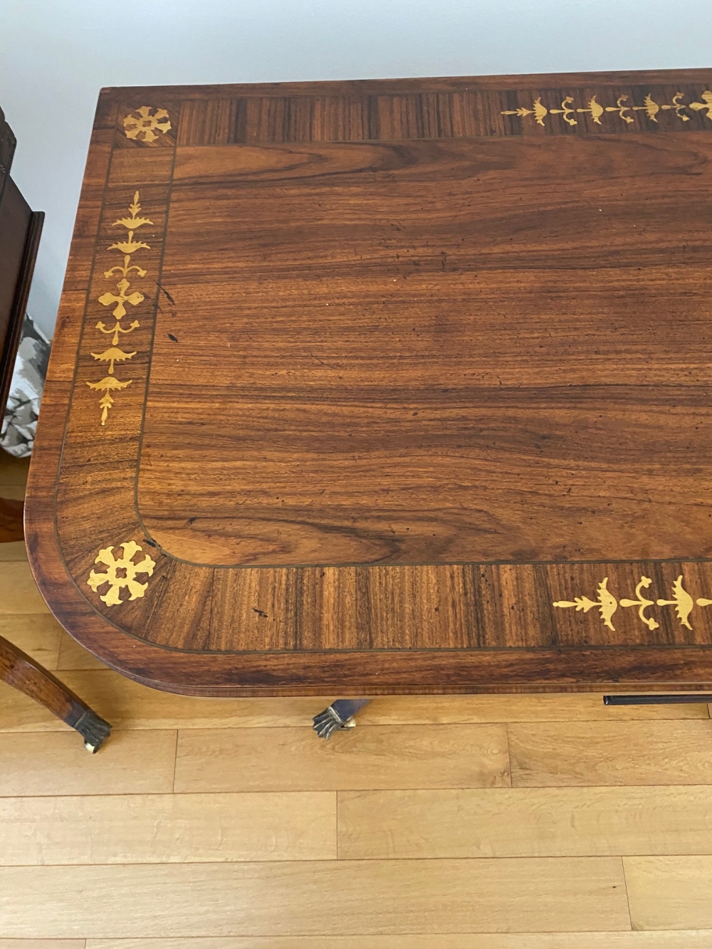 A VERY FINE PAIR OF FOLD OVER ROSEWOOD CARD TABLES, each with brass inlaid decoration, the tops open - Image 7 of 12