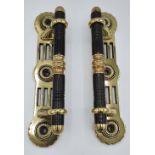 A PAIR OF RARE 19TH CENTURY BRASS AND EBONISED WOOD DOOR PULL HANDLES, in excellent condition, 29.2c