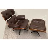 A CONTEMPORARY MID CENTURY MODERN STYLE LEATHER RECLINER CHAIR WITH FOOT STOOL, with rosewood frame