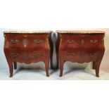 A GOOD QUALITY PAIR OF LATE 19TH CENTURY KINGWOOD MARBLE TOPPED BOMBE CHESTS, 2 drawers each with un