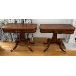 A VERY FINE PAIR OF FOLD OVER ROSEWOOD CARD TABLES, each with brass inlaid decoration, the tops open