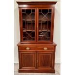 A VERY FINE EDWARDIAN MAHOGANY INLAID 2 DOOR GLAZED BOOKCASE, with stepped cornice having dentil det