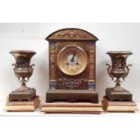 A FRENCH MANTLE CLOCK AND GARNITURE SET, decorated with cloisonné details, clock workings marked L.