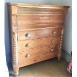 A GOOD FRENCH PINE CHEST OF DRAWERS, with a 2 over 3 arrangement of drawers, the top two drawers are