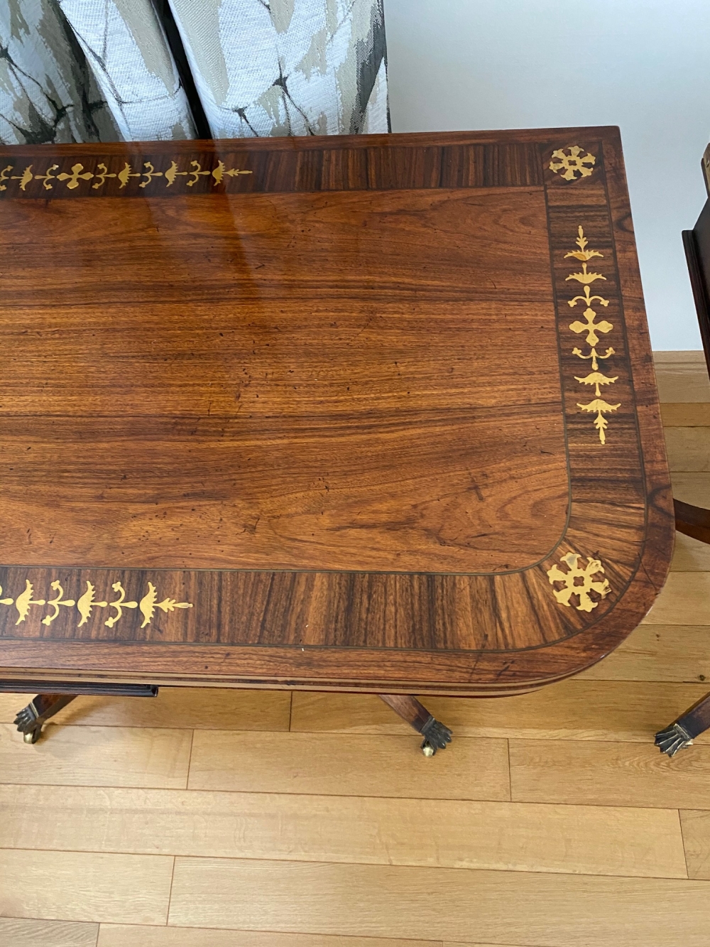 A VERY FINE PAIR OF FOLD OVER ROSEWOOD CARD TABLES, each with brass inlaid decoration, the tops open - Image 6 of 12