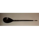 AN 18TH CENTURY GERMAN / SWISS APOSTLE SPOON, with carved wooden bowl and stem having a silver termi