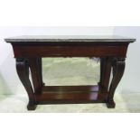 A VERY FINE 19TH CENTURY MARBLE TOPPED MAHOGANY CONSOLE / HALL TABLE, the marble top sits upon a dee