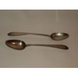 A PAIR OF 18TH CENTURY IRISH CORK / LIMERICK SILVER SPOONS, with bright-cut decoration to the stems,