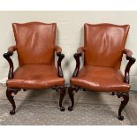 A FINE PAIR OF GEORGE II GAINSBOROUGH STYLE LIBRARY CHAIRS, with mahogany frame, leather covered bac