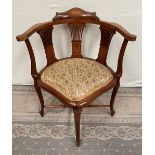 A GOOD QUALITY EDWARDIAN MAHOGANY INLAID CORNER CHAIR, with curved back rest supported by three pier