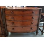 A GOOD QUALITY BOW FRONTED MAHOGANY CHEST OF DRAWERS, with barley twist front corners, and four grad