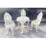 AN EARLY 20TH CENTURY GOOD QUALITY CAST IRON GARDEN SUITE, to include garden table and three chairs,