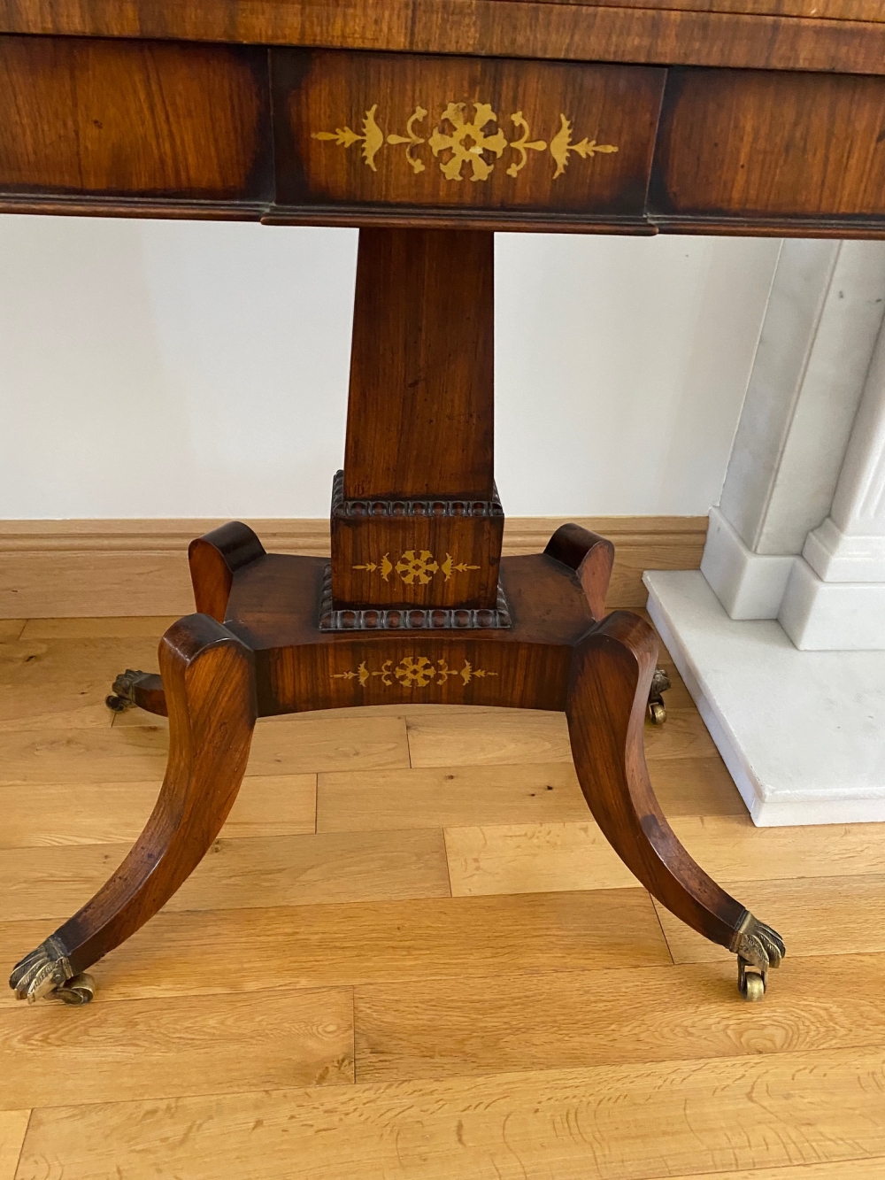 A VERY FINE PAIR OF FOLD OVER ROSEWOOD CARD TABLES, each with brass inlaid decoration, the tops open - Image 5 of 12