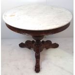 A VERY FINE 19TH CENTURY MAHOGANY MARBLE TOPPED CENTRE ‘GUERIDON’ TABLE, the white marble top sits u