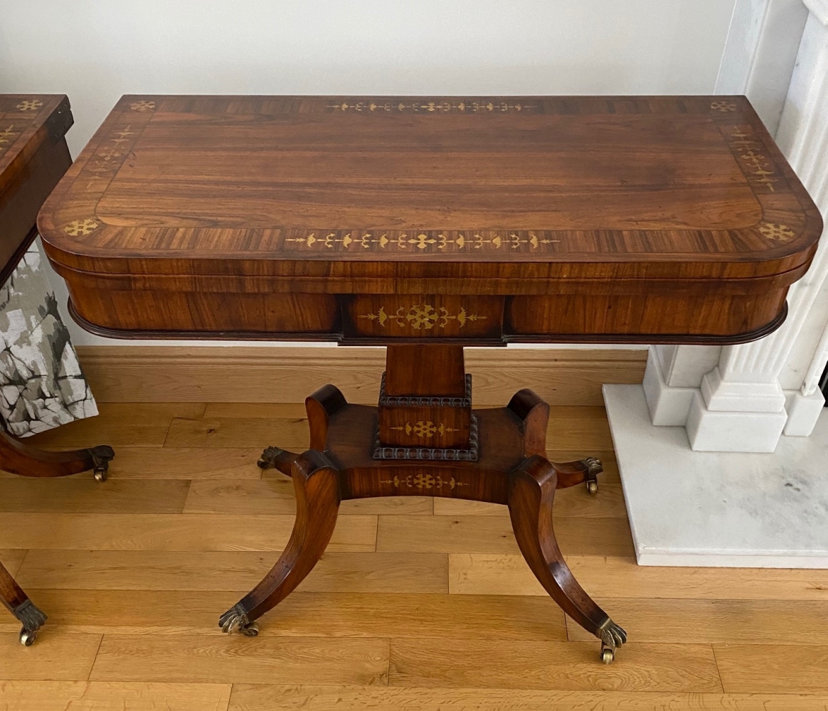 A VERY FINE PAIR OF FOLD OVER ROSEWOOD CARD TABLES, each with brass inlaid decoration, the tops open - Image 2 of 12