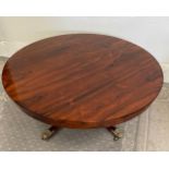 A GOOD QUALITY REGENCY ROSEWOOD CIRCULAR COFFEE TABLE, raised on a short turned column support with