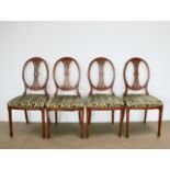 A SET OF FOUR SATINWOOD PARLOUR CHAIRS, with oval shaped backs, having pierced pinched splat back su