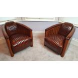 A GOOD QUALITY PAIR OF ART DECO STYLE AVIATOR CLUB ARMCHAIRS, with leather and cherry wood frames, i