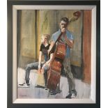 DAVID MCELHINNEY, (IRISH B. 1972), BUSKER STUDY, signed lower left, oil on canvas, 90cm (H) x 74cm (