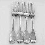 A SET OF FOUR IRISH SILVER TABLE FORKS, Dublin, with various dates ranging from 1808 to 1825. Maker