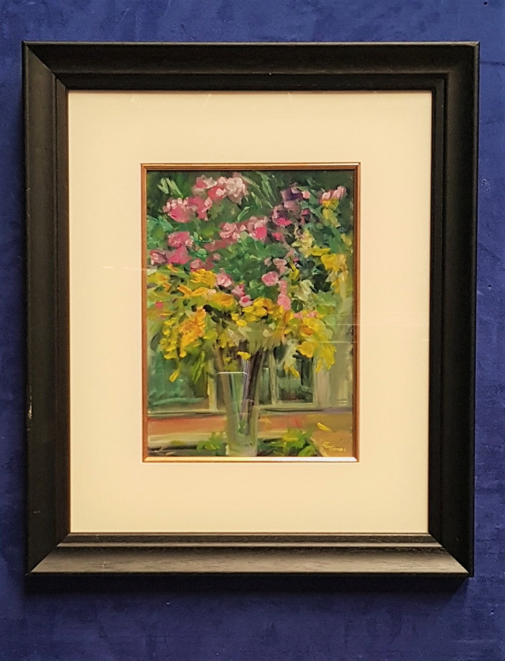 EMMA JONES, STILL LIFE FLOWERS, oil on board, signed lower right, 53 x 45cm approx frame, 29 x 21cm