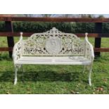 A GOOD QUALITY HEAVY CAST IRON WHITE GARDEN SEAT, with central classical female picture panel, surro